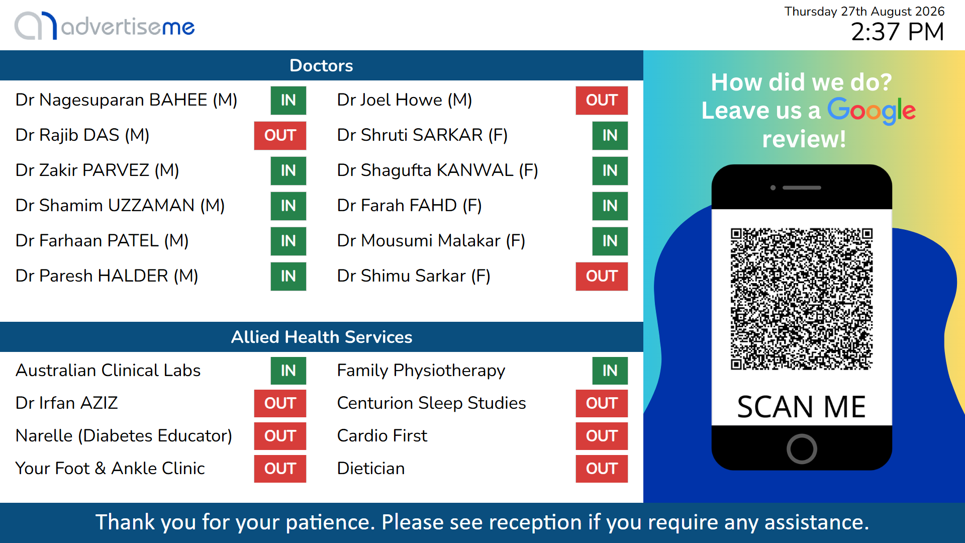 Medical centre digital signage display